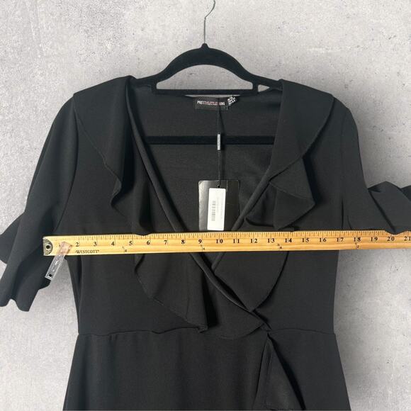 New PrettyLittleThing Black Frill‎ Wrap Ruffle Dress Short Sleeve Twelve - Picture 4 of 9